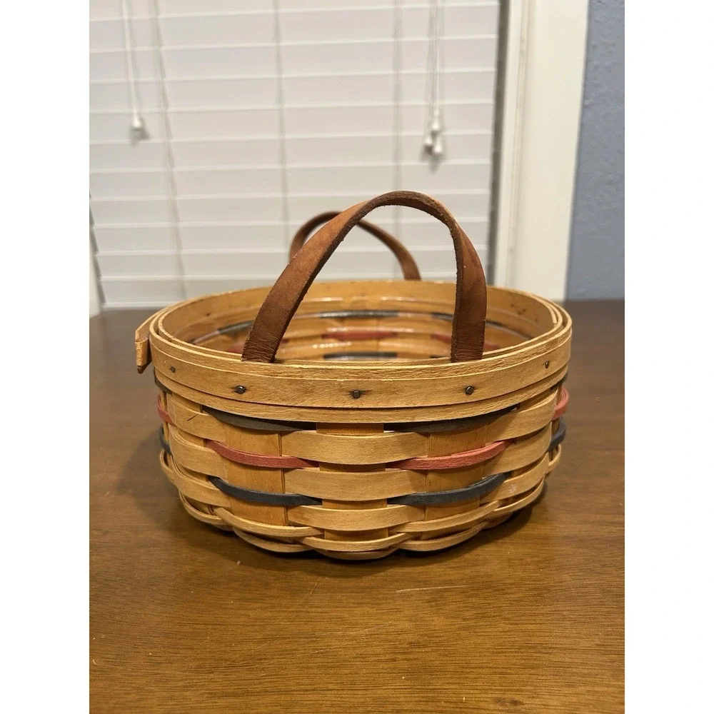 Longaberger 1999 Woven BUTTON BASKET Green Red Blue w/ Liner & Leather Handles